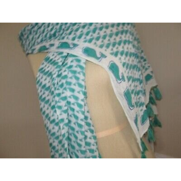 Vineyard Vines Green Blue White Whale  Tassel Scarf lightweight - Picture 7 of 9